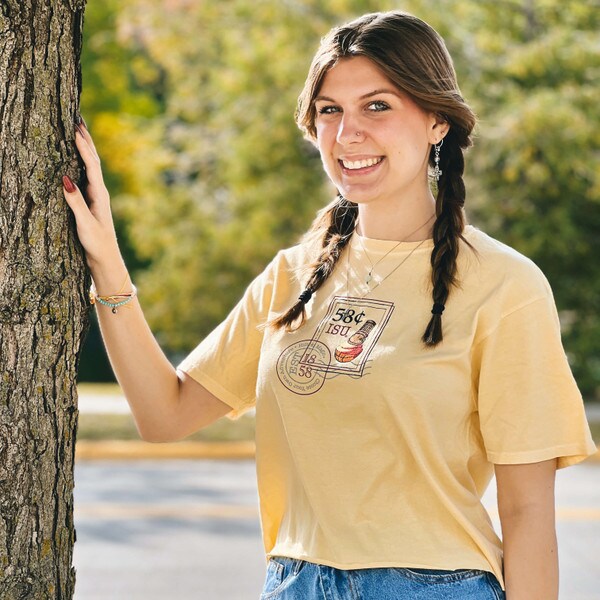 Blue 84 Women s Clone Cone Stamp Gold Cropped T shirt